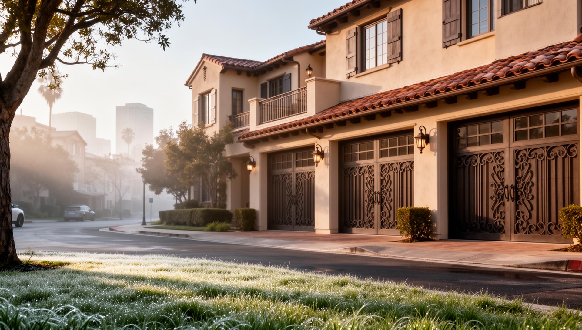 Premium Spanish colonial style garage doors with decorative iron grilles on upscale townhouse